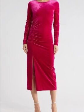 Sam Edelman Fuchsia Velvet Long-Sleeve Midi Dress with Front Slit